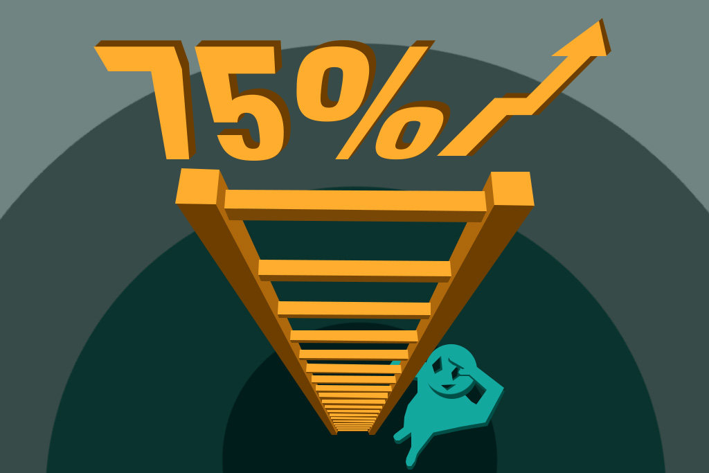 Illustration of a ladder climbing toward a ‘75%’ goal with a green character below, symbolizing an ambitious growth challenge.