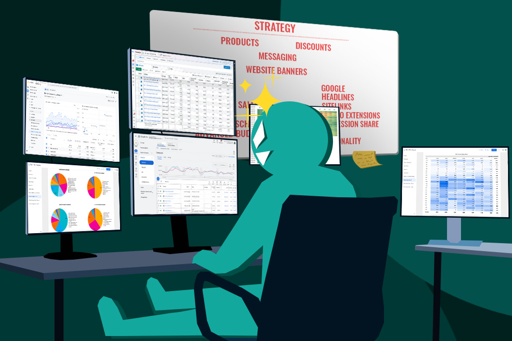 The ROImonks green figure sits at a desk with multiple screens displaying analytics, spreadsheets, and campaign data, while a whiteboard in the background outlines strategy elements like products, discounts, and messaging.